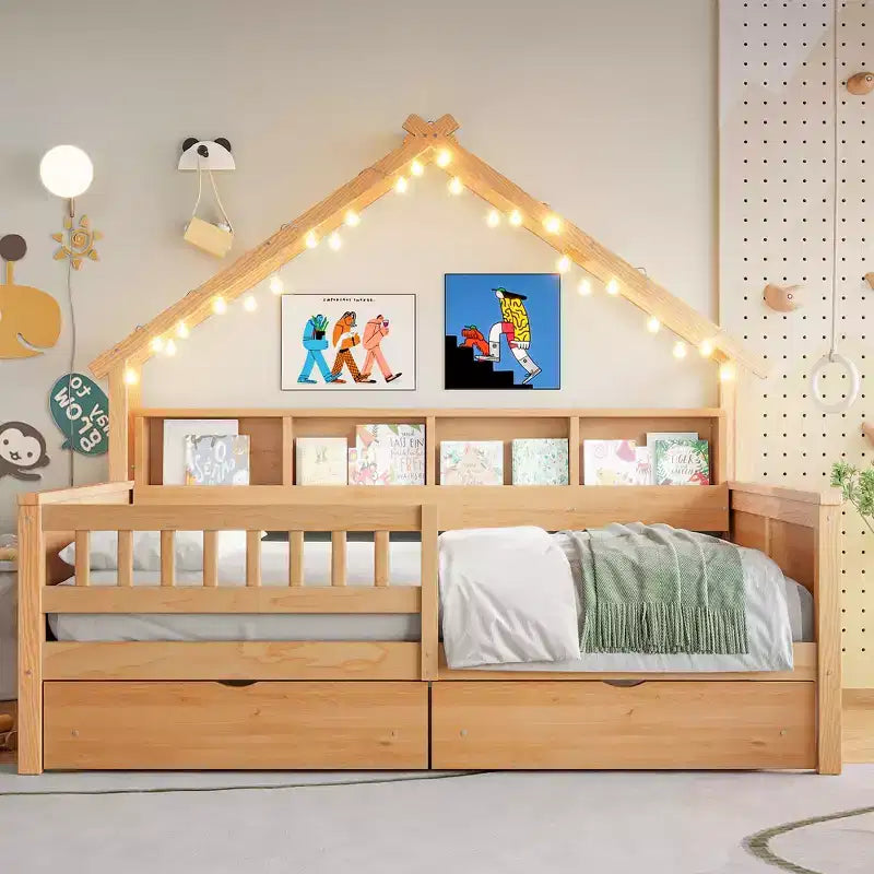 Lit plate-forme en forme de maison en bois de taille complète avec lumières LED, 175,5 cm H x 211,8 cm l x 144,8 cm P