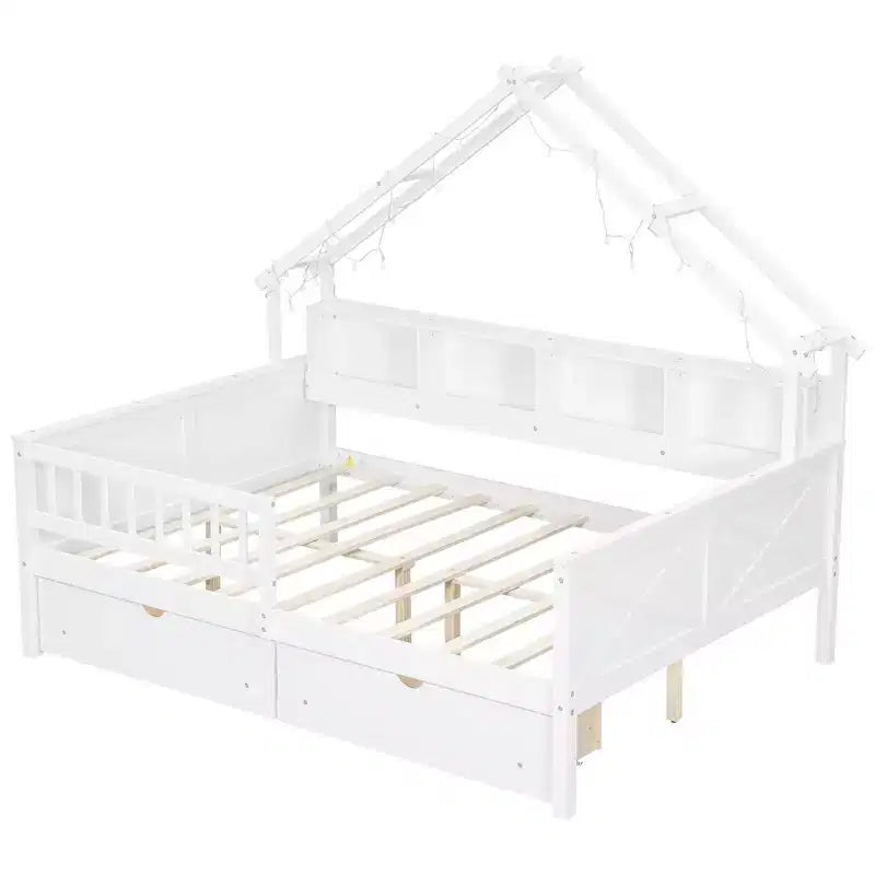 Lit plate-forme en forme de maison en bois de taille complète avec lumières LED, 175,5 cm H x 211,8 cm l x 144,8 cm P