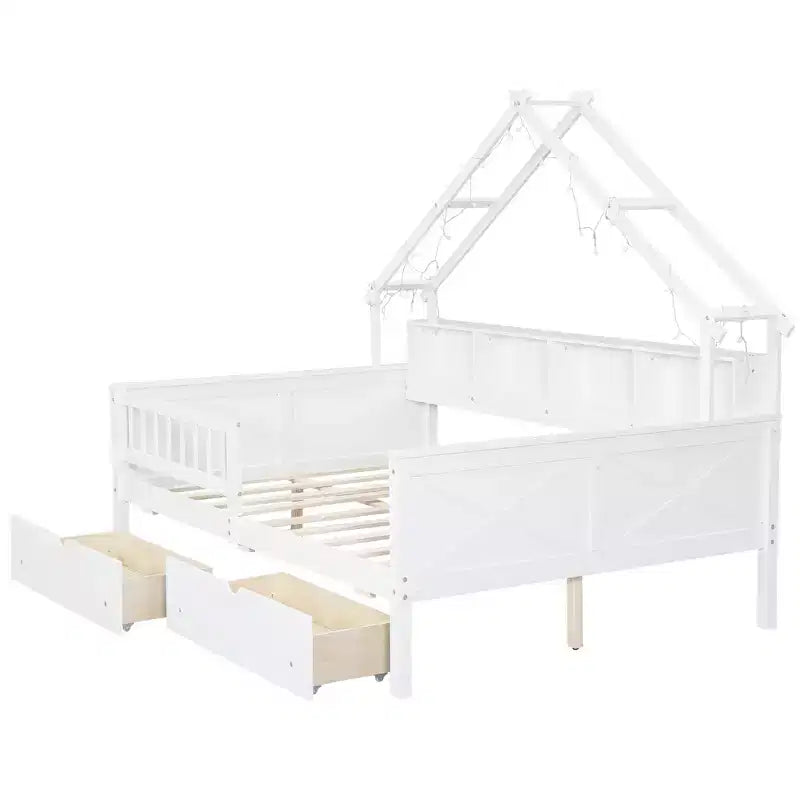 Lit plate-forme en forme de maison en bois de taille complète avec lumières LED, 175,5 cm H x 211,8 cm l x 144,8 cm P