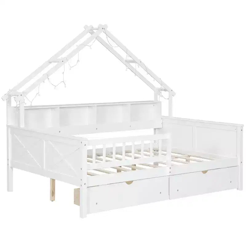 Lit plate-forme en forme de maison en bois de taille complète avec lumières LED, 175,5 cm H x 211,8 cm l x 144,8 cm P