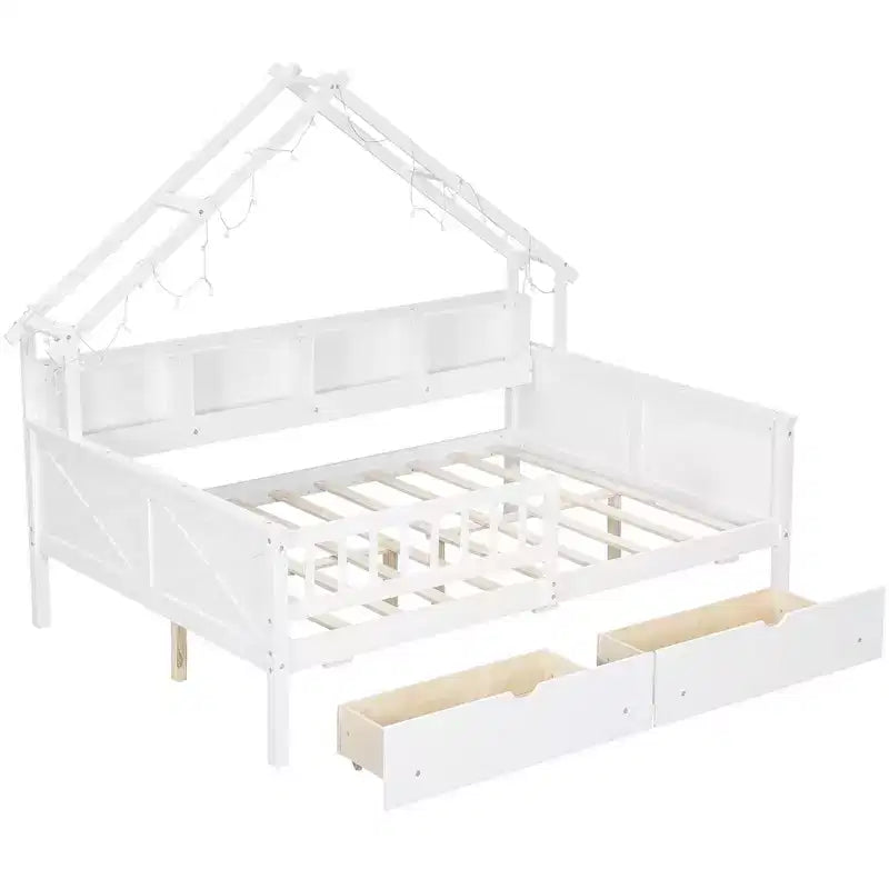 Lit plate-forme en forme de maison en bois de taille complète avec lumières LED, 175,5 cm H x 211,8 cm l x 144,8 cm P