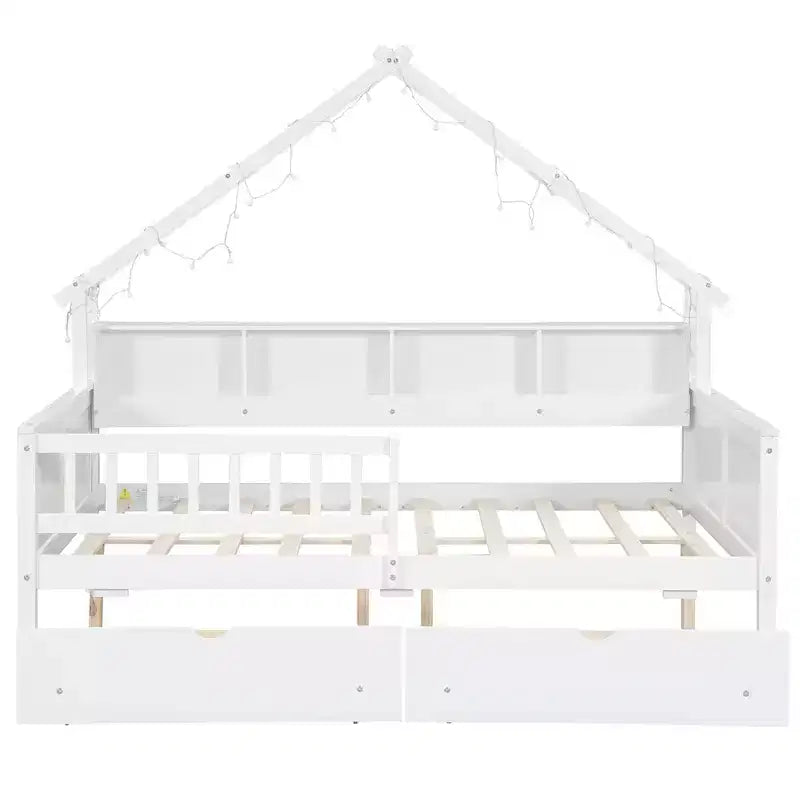 Lit plate-forme en forme de maison en bois de taille complète avec lumières LED, 175,5 cm H x 211,8 cm l x 144,8 cm P