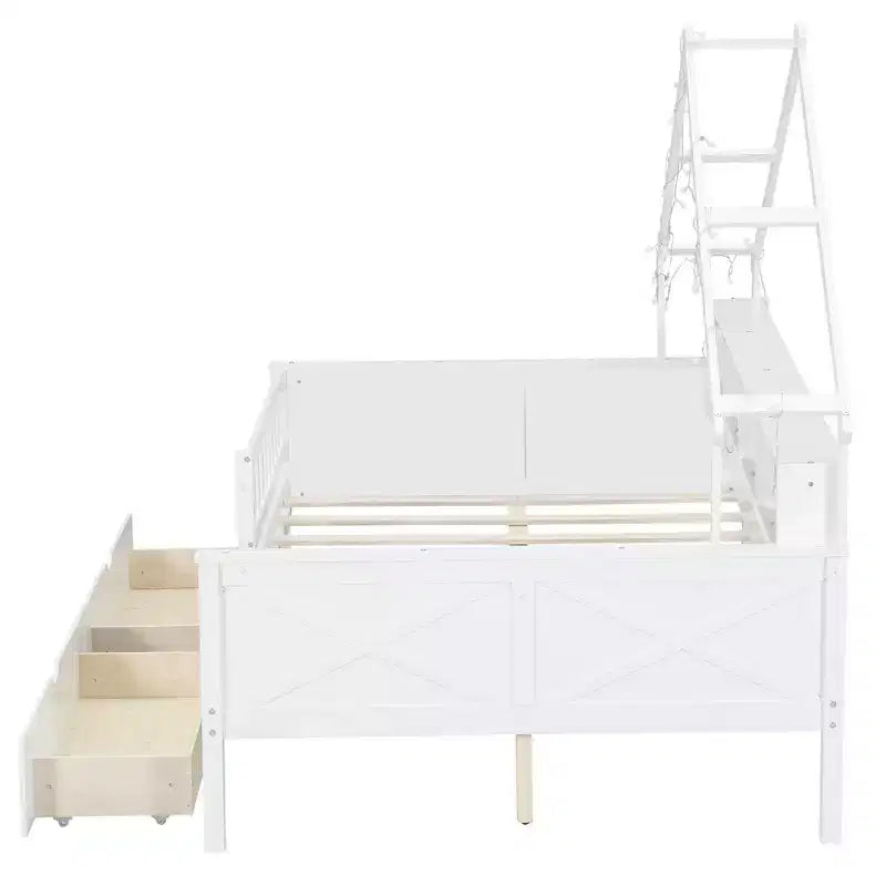 Lit plate-forme en forme de maison en bois de taille complète avec lumières LED, 175,5 cm H x 211,8 cm l x 144,8 cm P