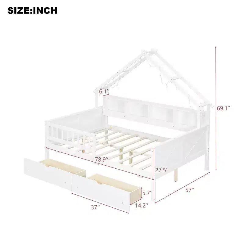 Lit plate-forme en forme de maison en bois de taille complète avec lumières LED, 175,5 cm H x 211,8 cm l x 144,8 cm P