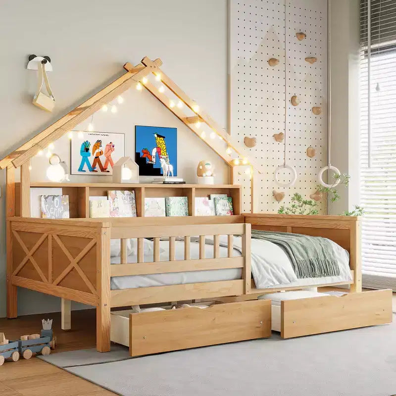 Lit plate-forme en forme de maison en bois de taille complète avec lumières LED, 175,5 cm H x 211,8 cm l x 144,8 cm P