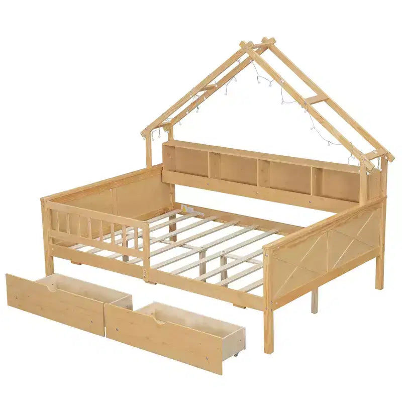 Lit plate-forme en forme de maison en bois de taille complète avec lumières LED, 175,5 cm H x 211,8 cm l x 144,8 cm P