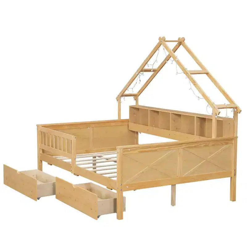 Lit plate-forme en forme de maison en bois de taille complète avec lumières LED, 175,5 cm H x 211,8 cm l x 144,8 cm P