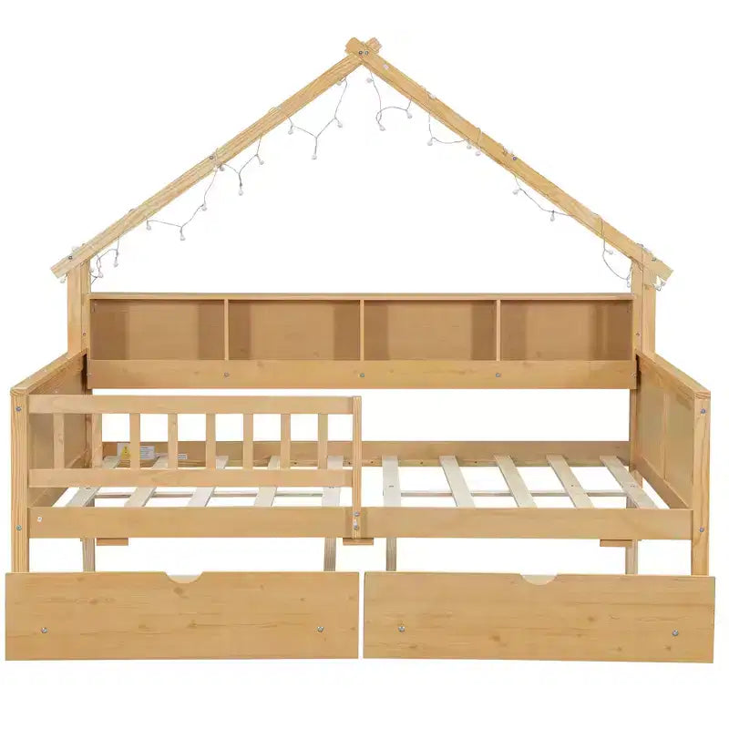 Lit plate-forme en forme de maison en bois de taille complète avec lumières LED, 175,5 cm H x 211,8 cm l x 144,8 cm P