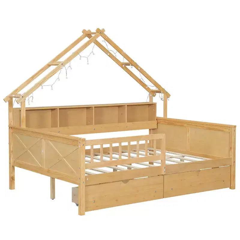 Lit plate-forme en forme de maison en bois de taille complète avec lumières LED, 175,5 cm H x 211,8 cm l x 144,8 cm P