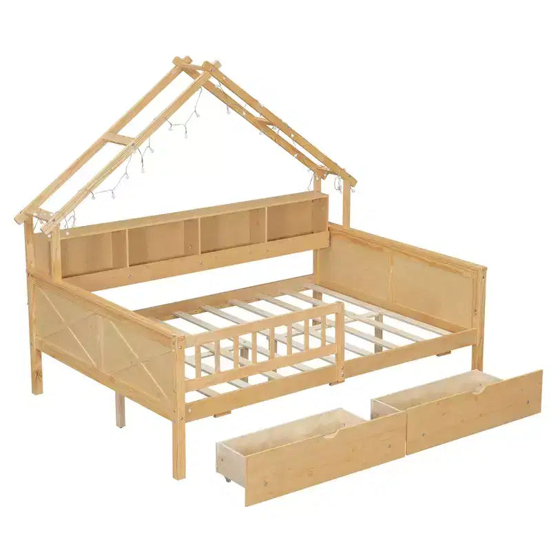 Lit plate-forme en forme de maison en bois de taille complète avec lumières LED, 175,5 cm H x 211,8 cm l x 144,8 cm P