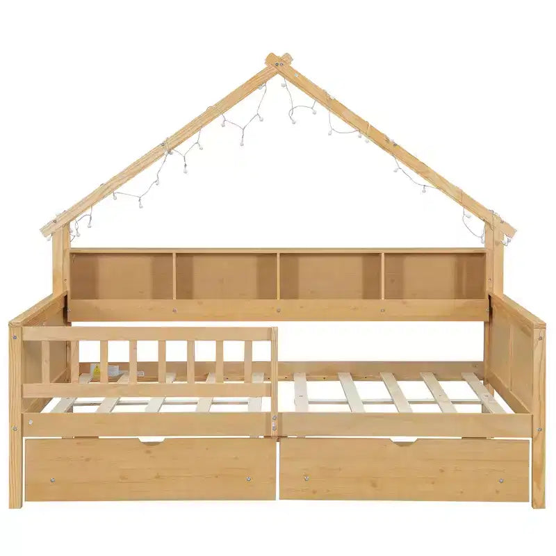 Lit plate-forme en forme de maison en bois de taille complète avec lumières LED, 175,5 cm H x 211,8 cm l x 144,8 cm P