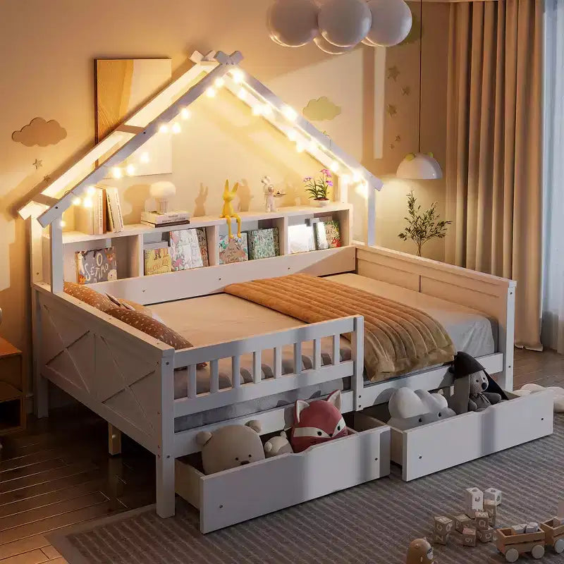 Lit plate-forme en forme de maison en bois de taille complète avec lumières LED, 175,5 cm H x 211,8 cm l x 144,8 cm P