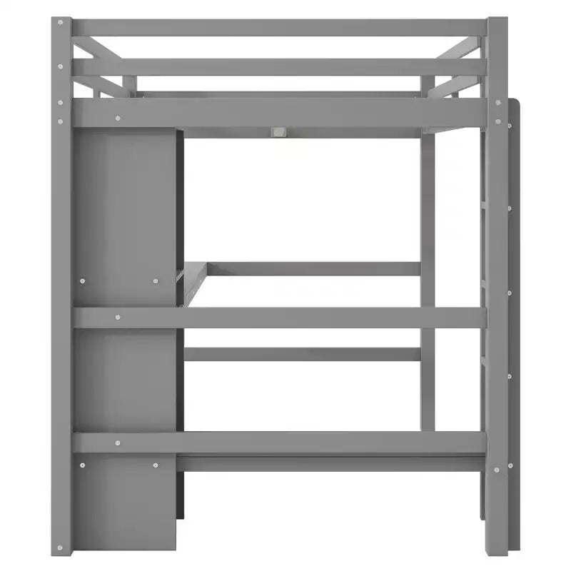 Lit mezzanine pleine grandeur en pin et MDF avec bureau et étagères, 67,5"H x 78,9"L x 57"P