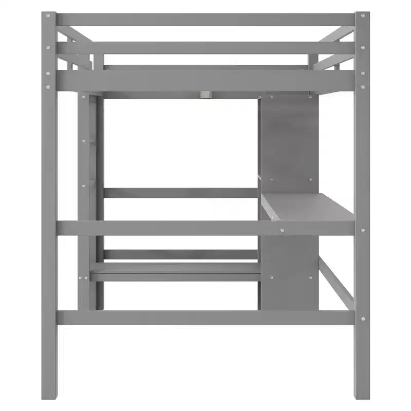 Lit mezzanine pleine grandeur en pin et MDF avec bureau et étagères, 67,5"H x 78,9"L x 57"P