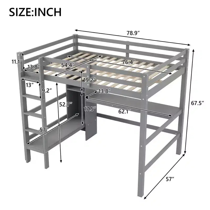 Lit mezzanine pleine grandeur en pin et MDF avec bureau et étagères, 67,5"H x 78,9"L x 57"P