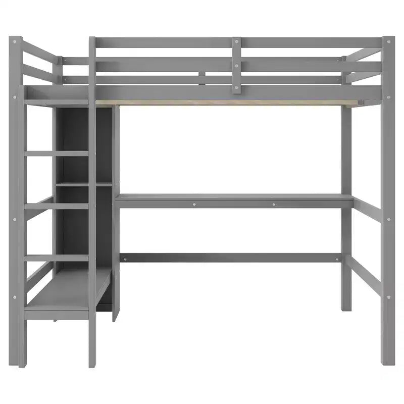 Lit mezzanine pleine grandeur en pin et MDF avec bureau et étagères, 67,5"H x 78,9"L x 57"P