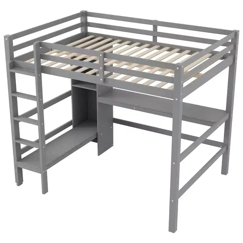 Lit mezzanine pleine grandeur en pin et MDF avec bureau et étagères, 67,5"H x 78,9"L x 57"P