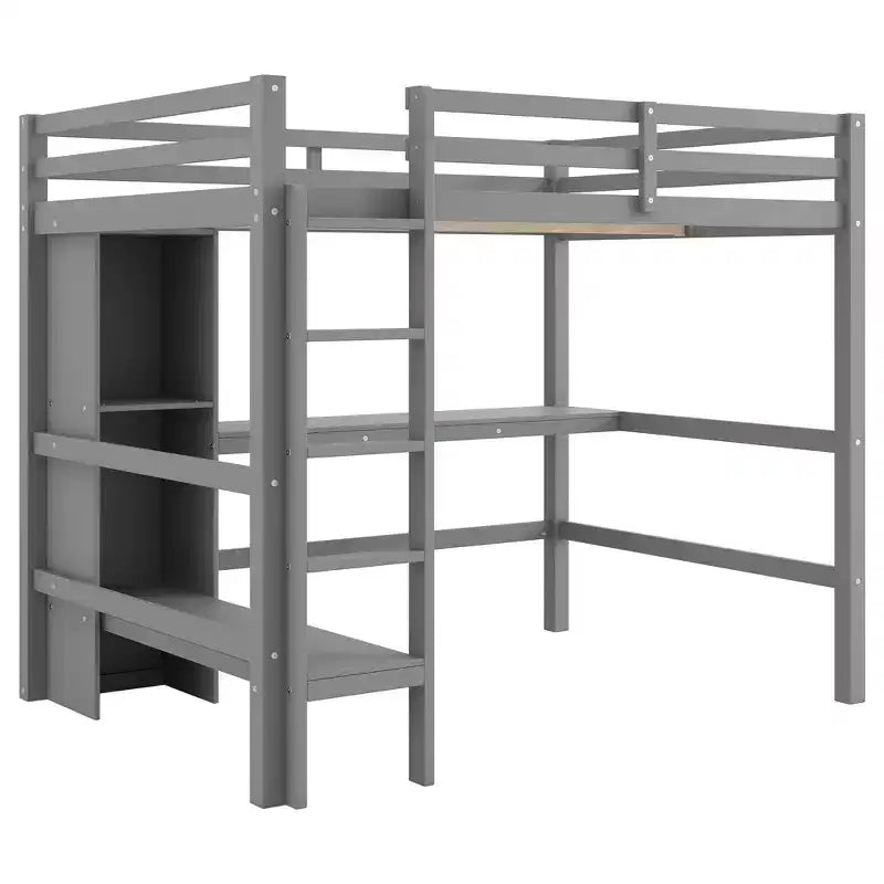 Lit mezzanine pleine grandeur en pin et MDF avec bureau et étagères, 67,5"H x 78,9"L x 57"P