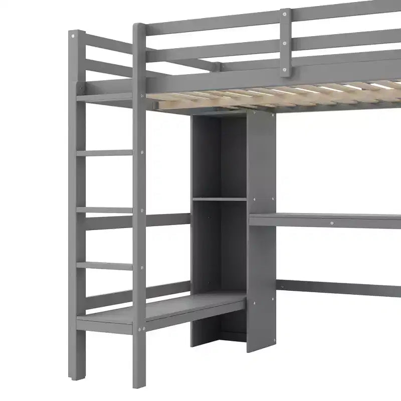 Lit mezzanine pleine grandeur en pin et MDF avec bureau et étagères, 67,5"H x 78,9"L x 57"P