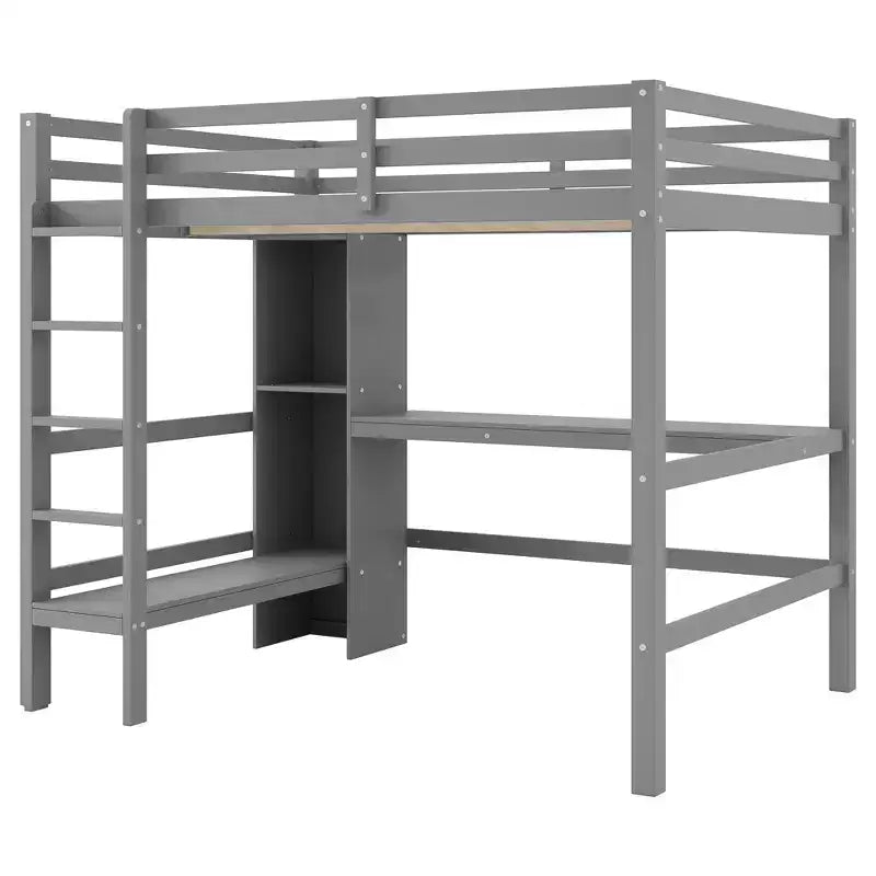 Lit mezzanine pleine grandeur en pin et MDF avec bureau et étagères, 67,5"H x 78,9"L x 57"P