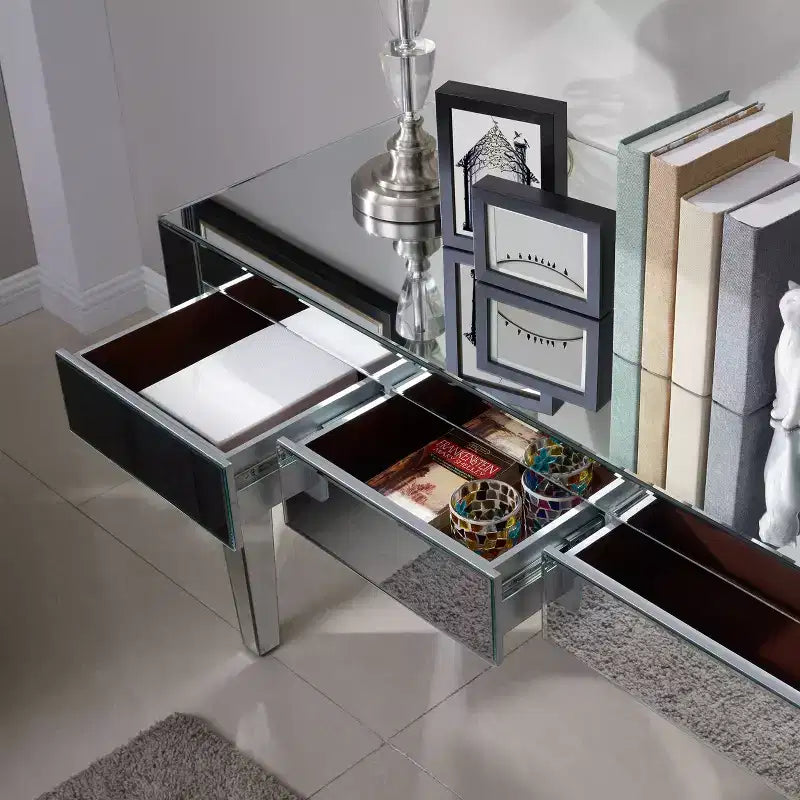 Bureau miroir en MDF avec lumières LED et 2 tiroirs, 75 cm H x 119 cm L x 53 cm P