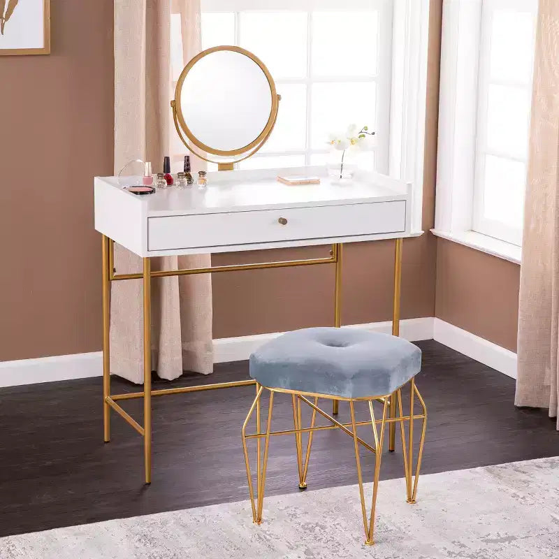 Coiffeuse en MDF et fer avec miroir et tiroir, 114,9 cm (H) x 80 cm (L) x 42,5 cm (P)