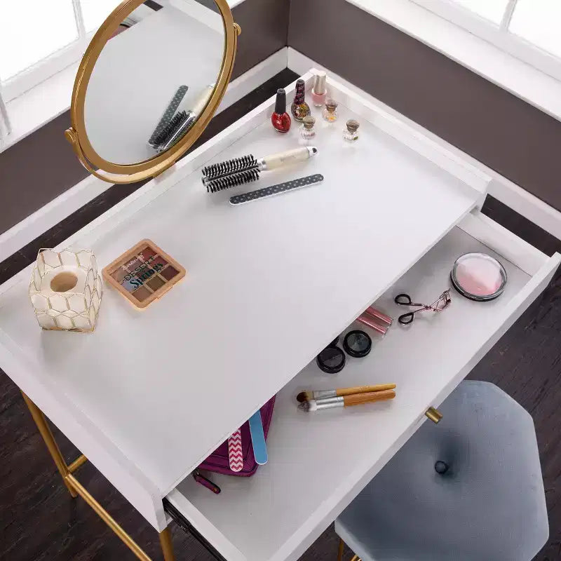 Coiffeuse en MDF et fer avec miroir et tiroir, 114,9 cm (H) x 80 cm (L) x 42,5 cm (P)