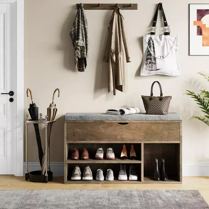 Banc de rangement à chaussures en MDF avec siège rembourré et 2 étagères
