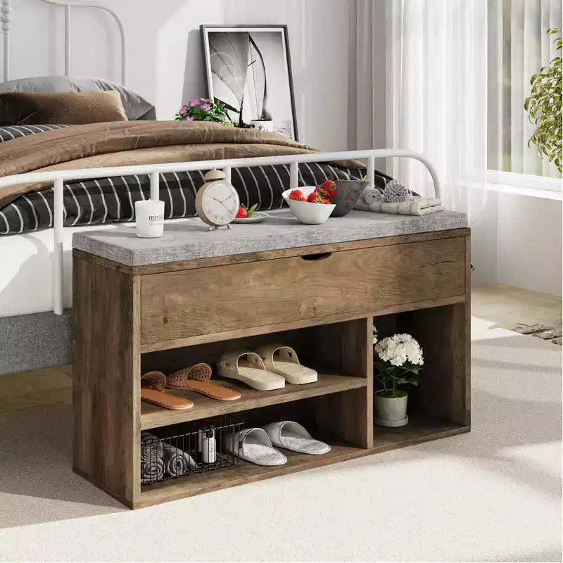 Banc de rangement à chaussures en MDF avec siège rembourré et 2 étagères