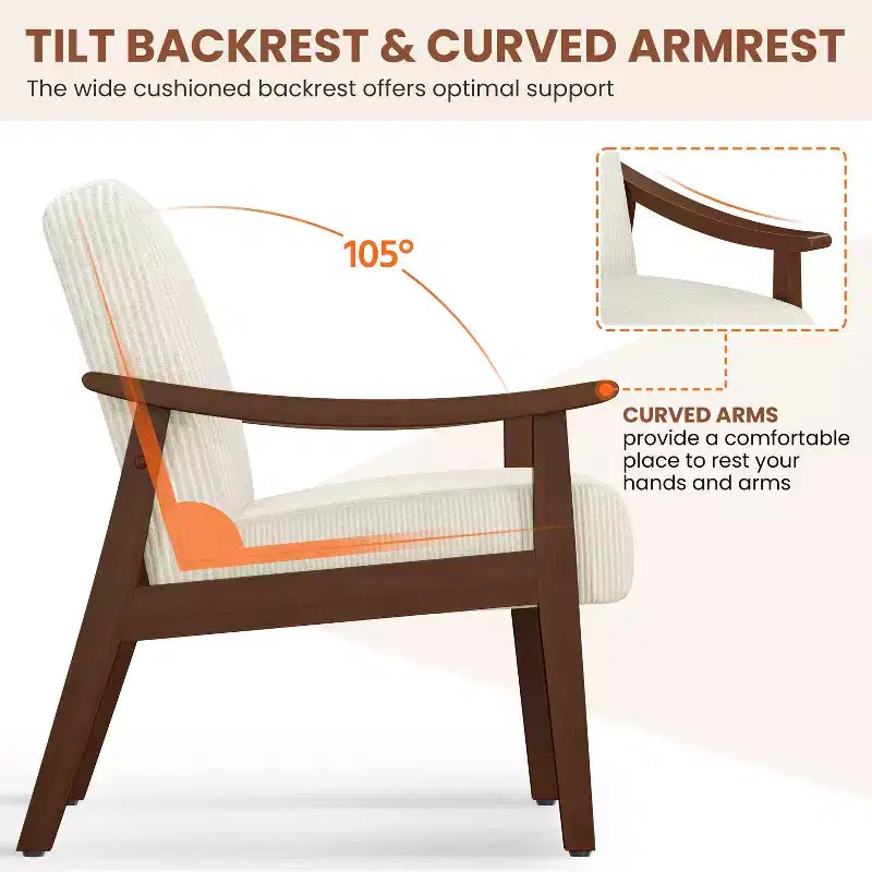 Fauteuil d'appoint en hévéa et velours côtelé, 73,66 cm (H) x 69,49 cm (l) x 69,85 cm (P)