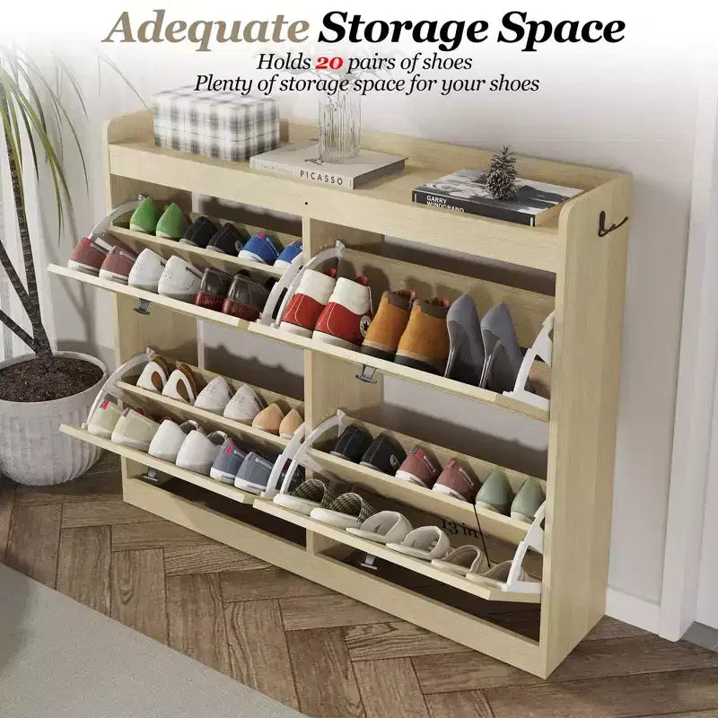 Meuble à chaussures en bois et aggloméré avec 4 tiroirs basculants et crochets, 87 cm (H) x 105 cm (P) x 24 cm (L)