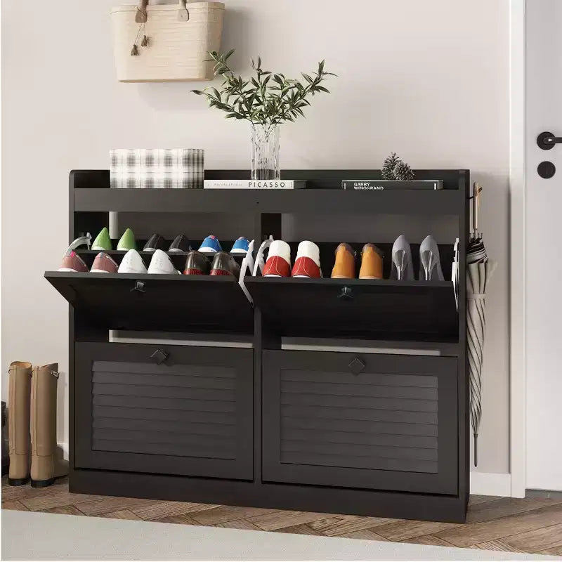 Meuble à chaussures en bois et aggloméré avec 4 tiroirs basculants et crochets, 87 cm (H) x 105 cm (P) x 24 cm (L)