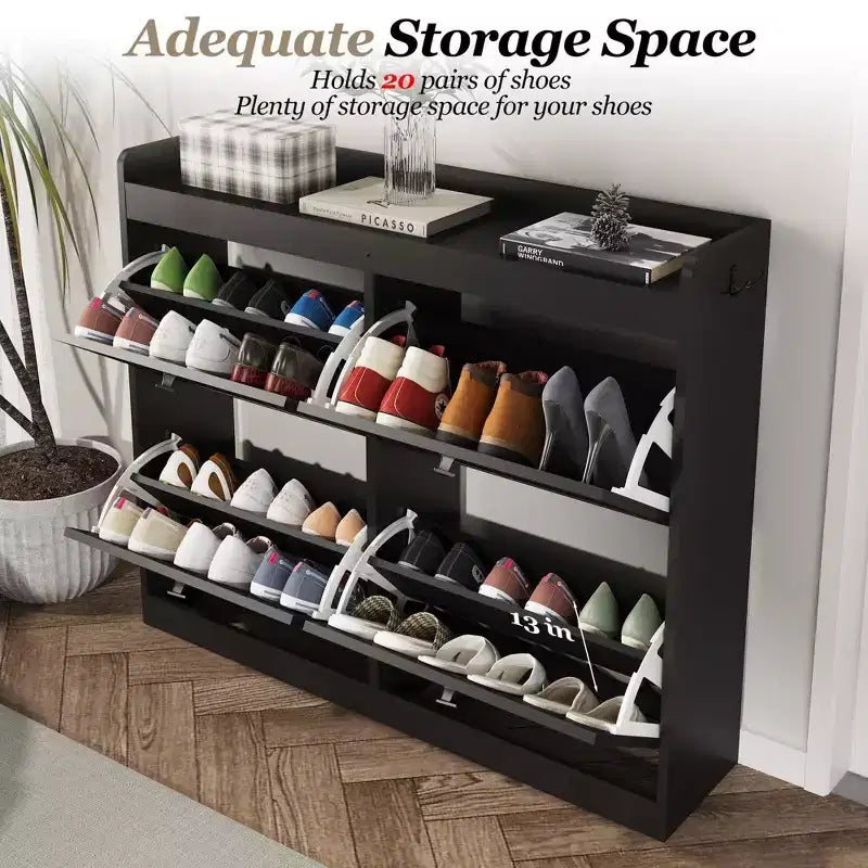 Meuble à chaussures en bois et aggloméré avec 4 tiroirs basculants et crochets, 87 cm (H) x 105 cm (P) x 24 cm (L)