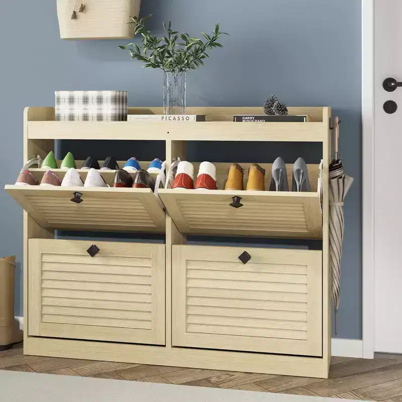 Meuble à chaussures en bois et aggloméré avec 4 tiroirs basculants et crochets, 87 cm (H) x 105 cm (P) x 24 cm (L)