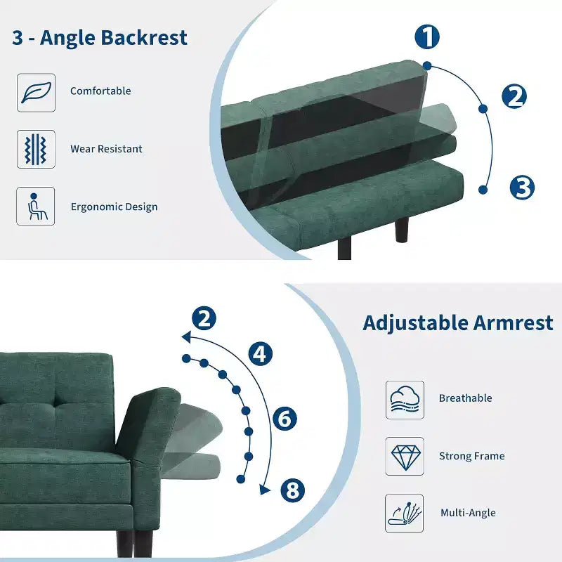 Canapé-lit futon convertible en MDF et velours avec dossier réglable, 75,2"P x 32,3"L x 29,9"H
