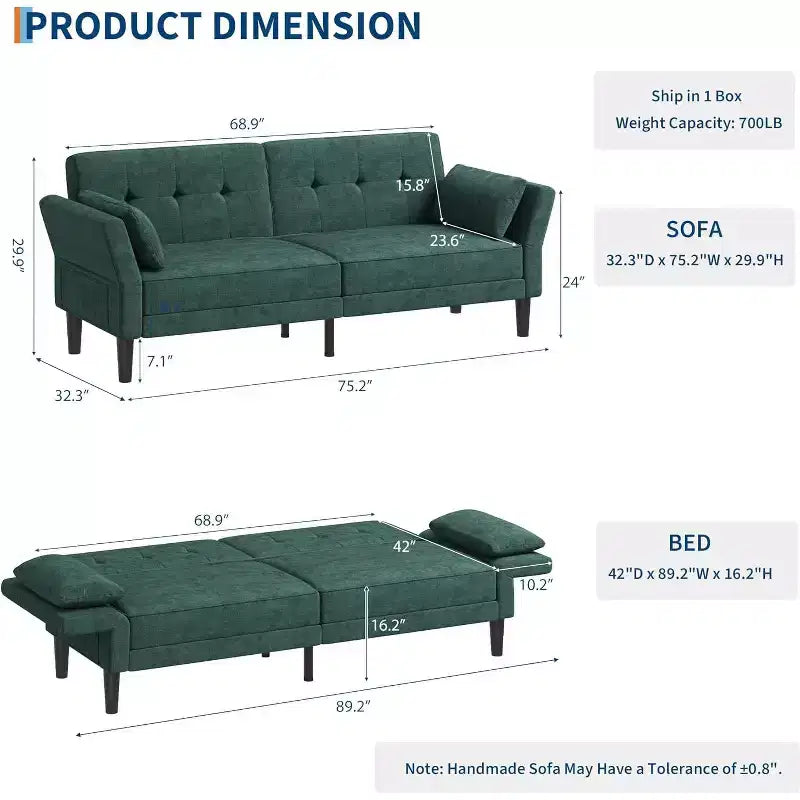 Canapé-lit futon convertible en MDF et velours avec dossier réglable, 75,2"P x 32,3"L x 29,9"H