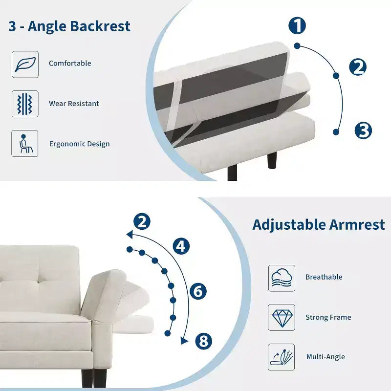 Canapé-lit futon convertible en MDF et velours avec dossier réglable, 75,2"P x 32,3"L x 29,9"H