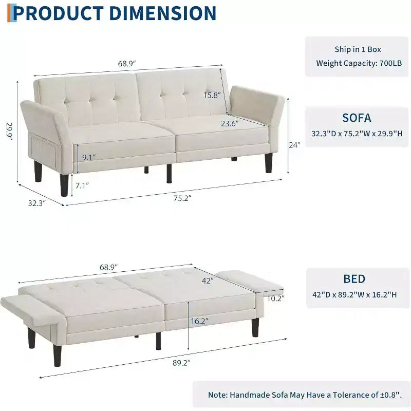 Canapé-lit futon convertible en MDF et velours avec dossier réglable, 75,2"P x 32,3"L x 29,9"H