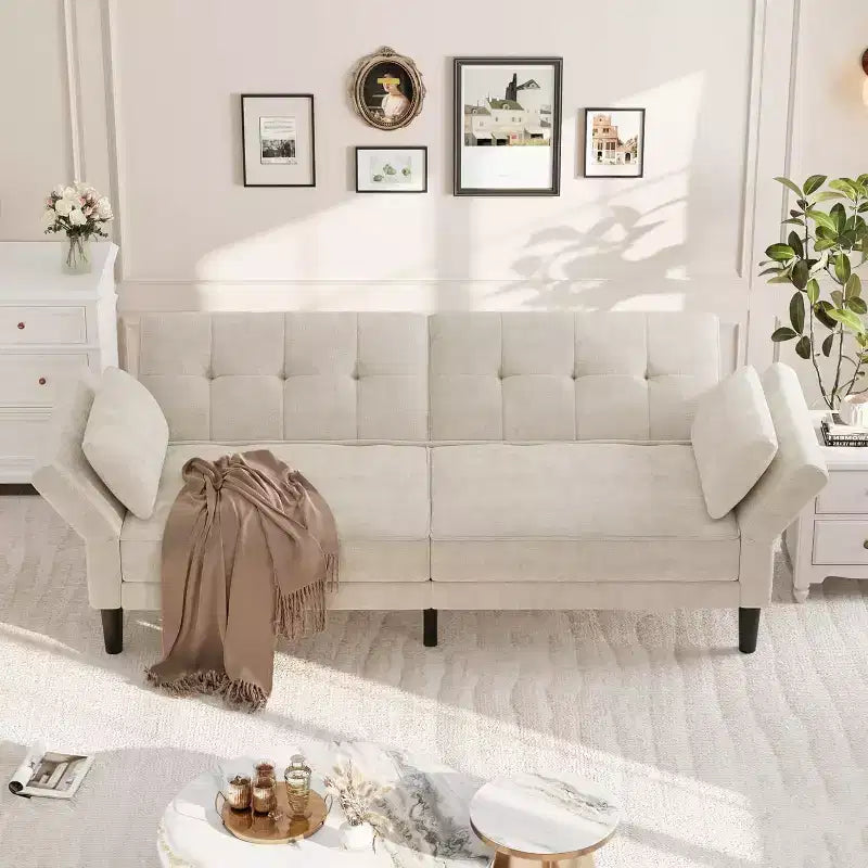 Canapé-lit futon convertible en MDF et velours avec dossier réglable, 75,2"P x 32,3"L x 29,9"H