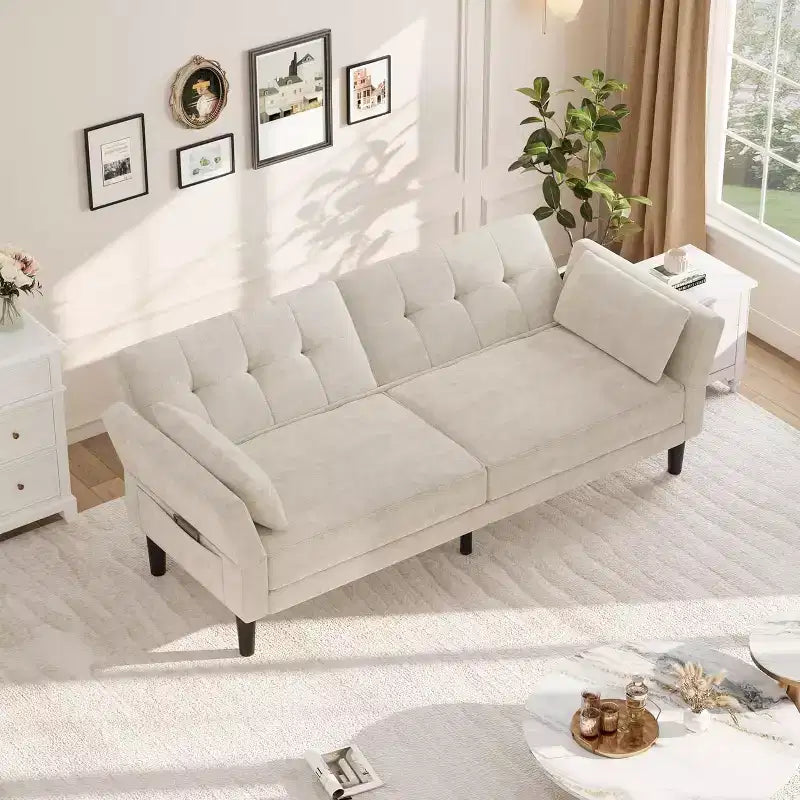Canapé-lit futon convertible en MDF et velours avec dossier réglable, 75,2"P x 32,3"L x 29,9"H