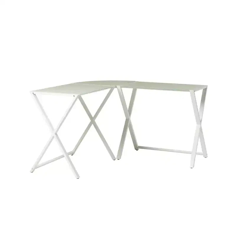 Bureau d'ordinateur d'angle en métal et verre trempé avec cadre en X, 130 cm L x 130 cm P x 74 cm H