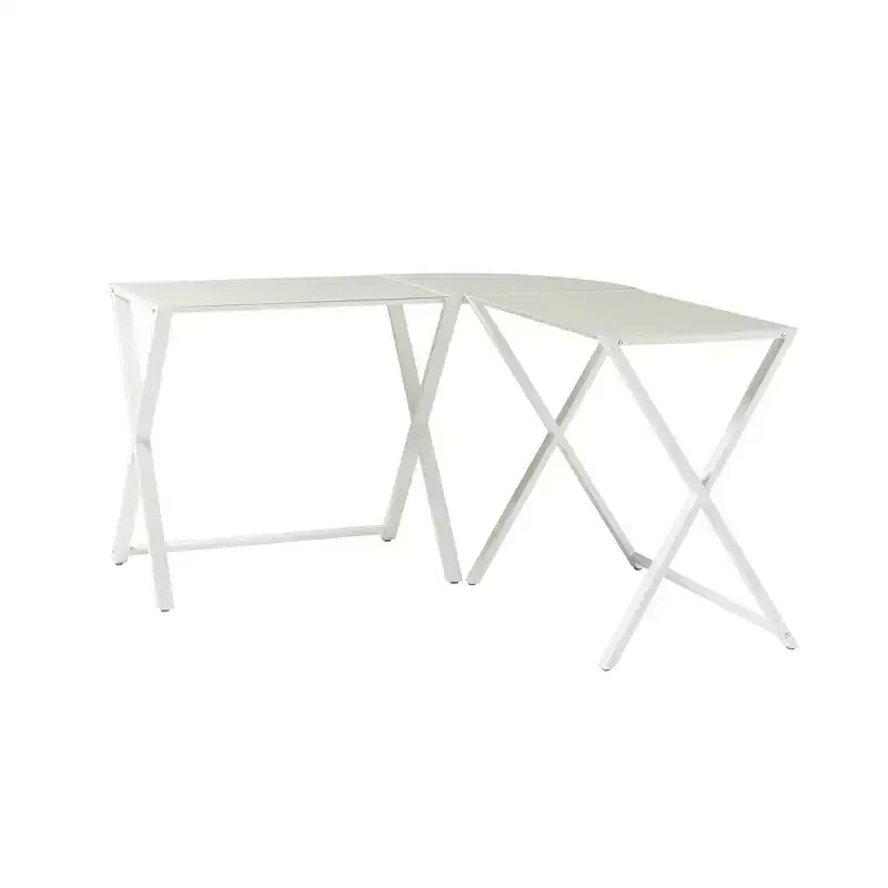 Bureau d'ordinateur d'angle en métal et verre trempé avec cadre en X, 130 cm L x 130 cm P x 74 cm H