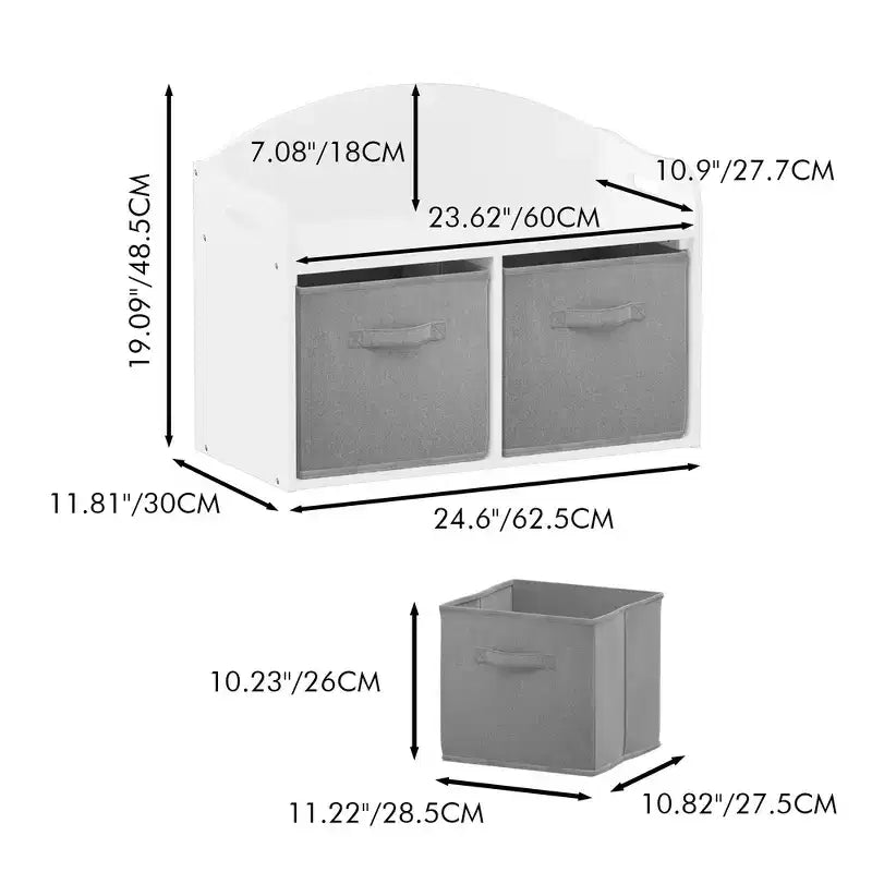 Banc de rangement en MDF avec tiroirs pliables en tissu, 48,5 cm H x 62,5 cm L x 30 cm P