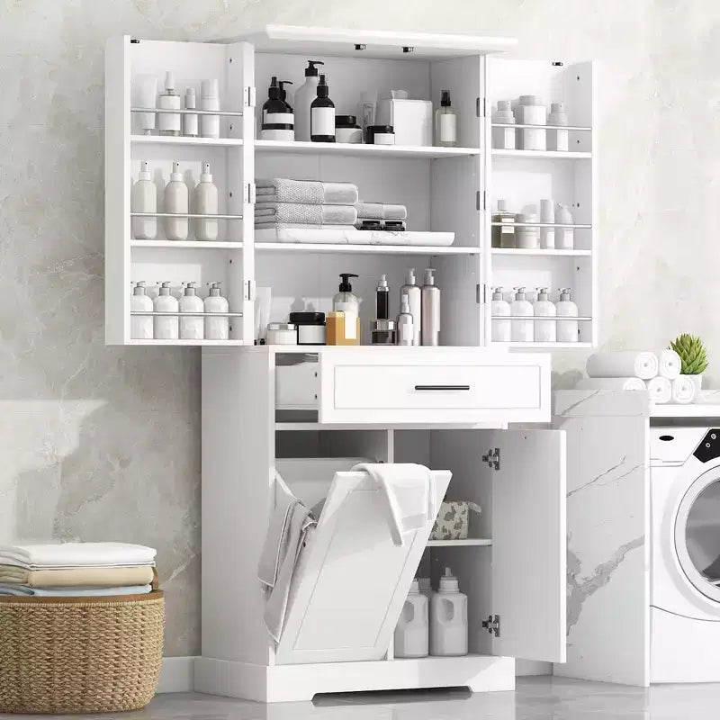 Meuble de Rangement de Salle de Bain en MDF avec Panier à Linge Basculant et Étagère Réglable, 71.7"H x 31.1"W x 16.1"D
