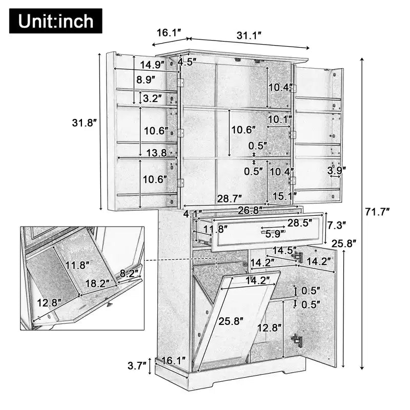 Meuble de Rangement de Salle de Bain en MDF avec Panier à Linge Basculant et Étagère Réglable, 71.7"H x 31.1"W x 16.1"D
