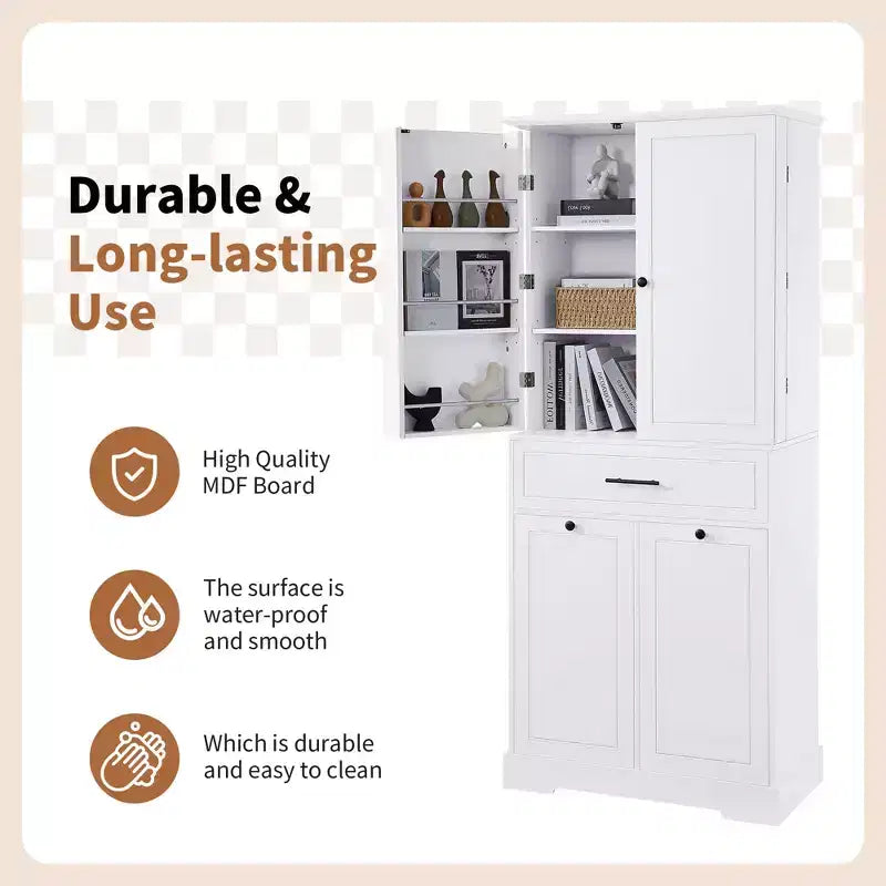 Meuble de Rangement de Salle de Bain en MDF avec Panier à Linge Basculant et Étagère Réglable, 71.7"H x 31.1"W x 16.1"D