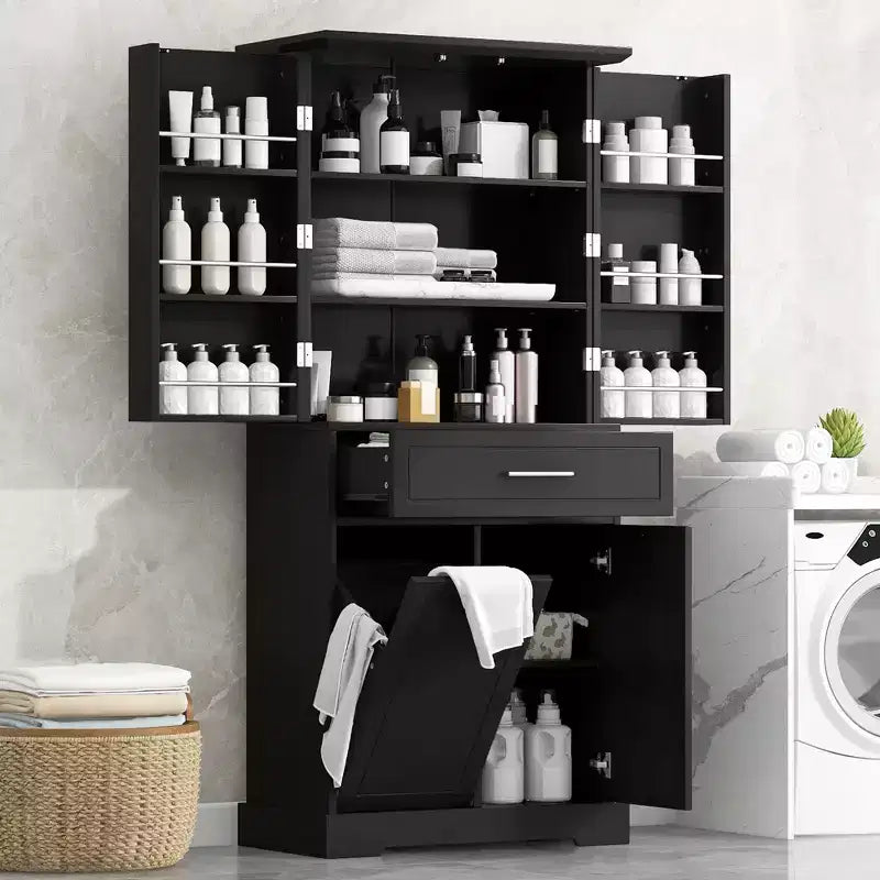 Meuble de Rangement de Salle de Bain en MDF avec Panier à Linge Basculant et Étagère Réglable, 71.7"H x 31.1"W x 16.1"D