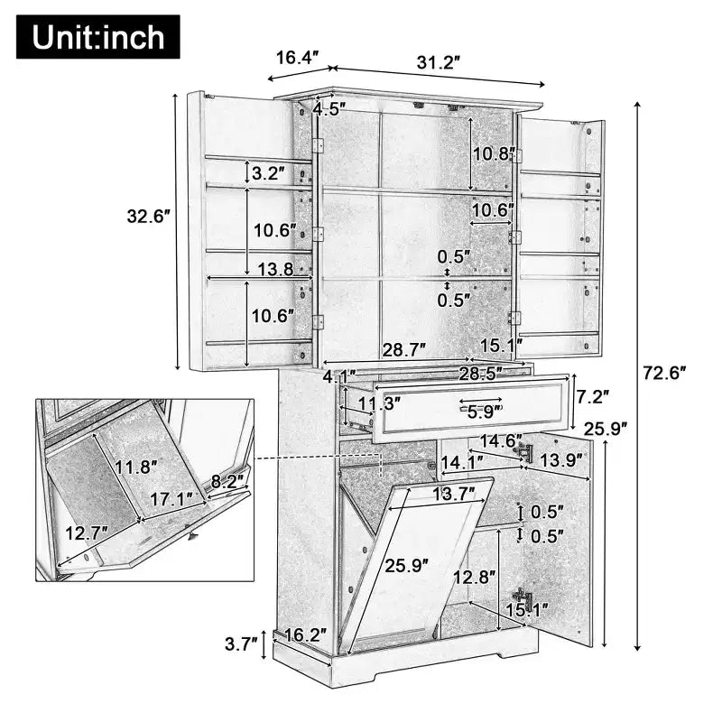Meuble de Rangement de Salle de Bain en MDF avec Panier à Linge Basculant et Étagère Réglable, 71.7"H x 31.1"W x 16.1"D