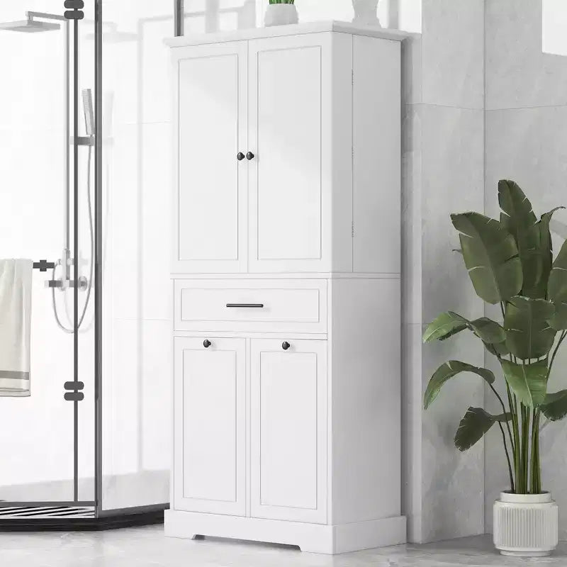 Meuble de Rangement de Salle de Bain en MDF avec Panier à Linge Basculant et Étagère Réglable, 71.7"H x 31.1"W x 16.1"D