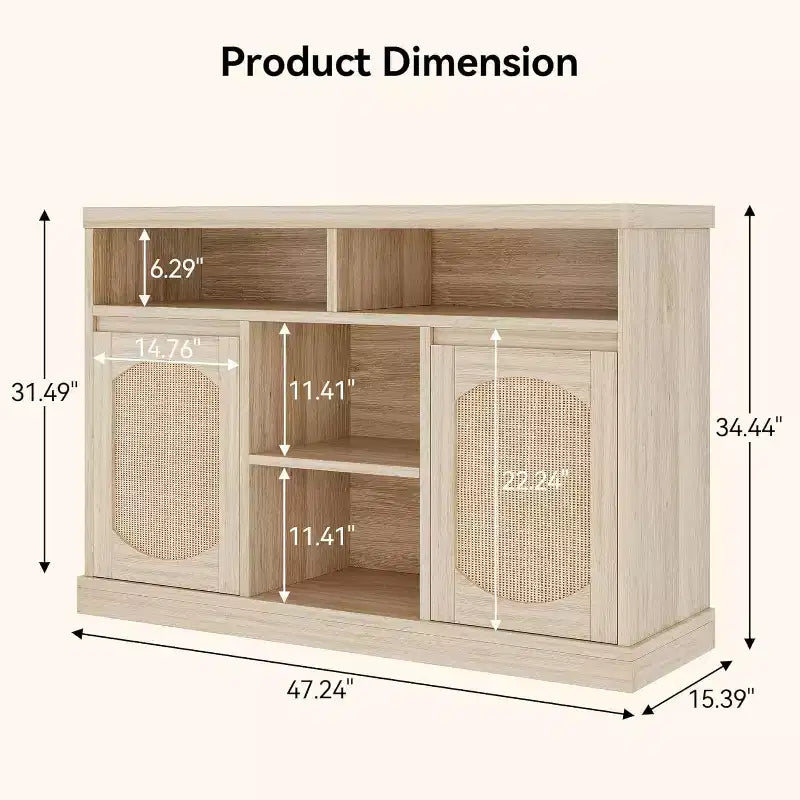 Buffet en bois et rotin avec 2 portes et 3 tiroirs, 130 cm (P) x 47 cm (L) x 22 cm (H)
